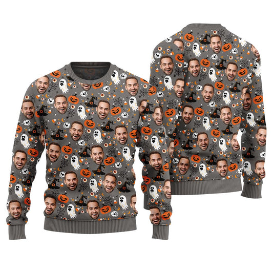 Customized Face Halloween Funny Ugly Sweater Grey