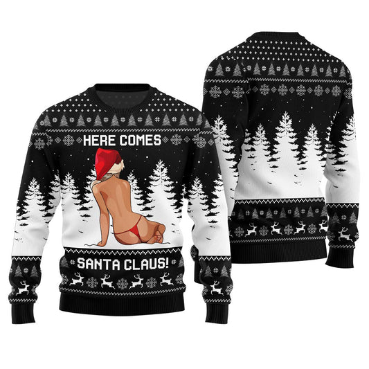 Christmas Sweater Here Comes Santa Claus Black