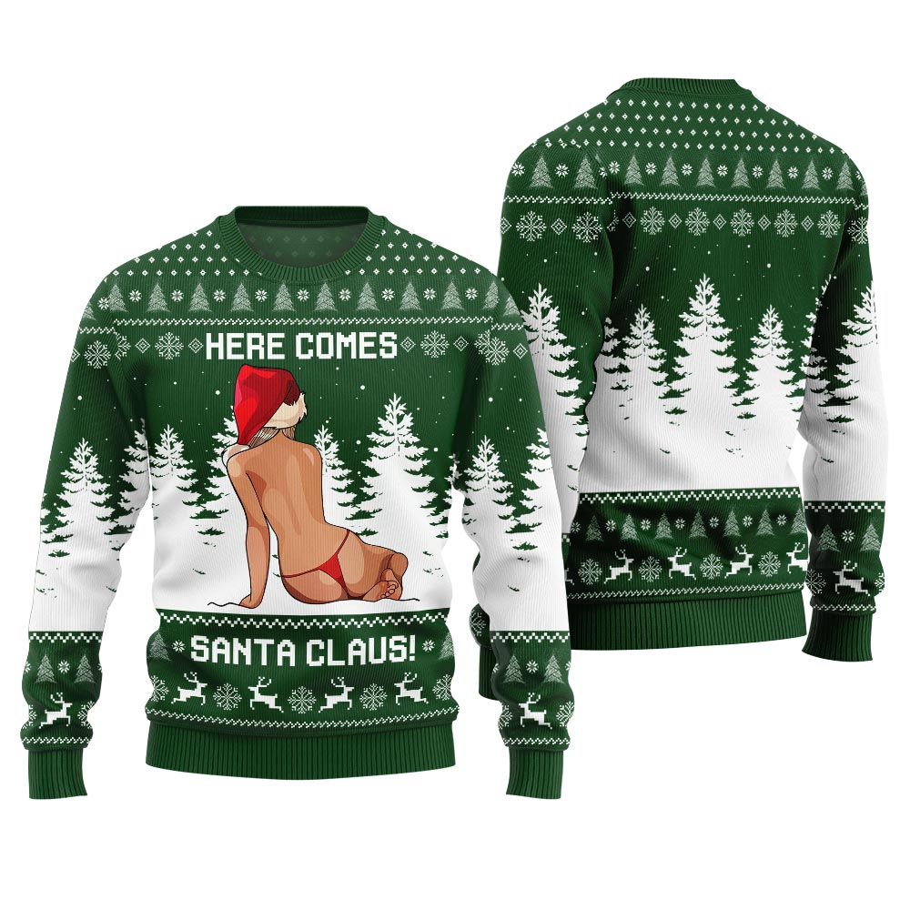Ugly Sweater Here Comes Santa Claus Green
