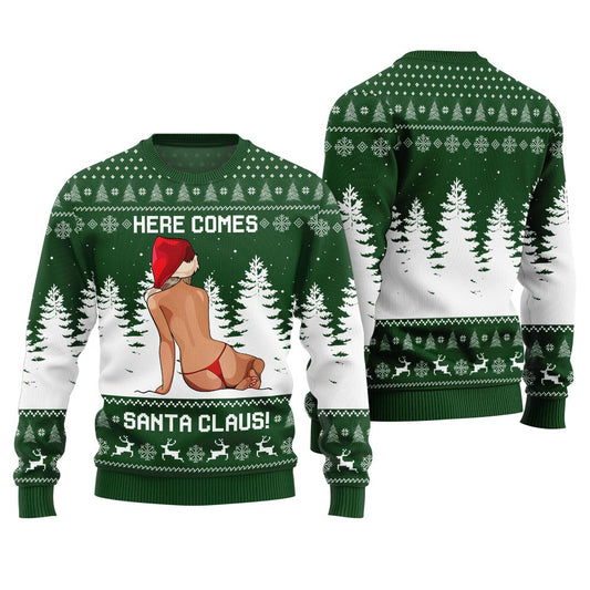 Ugly Sweater Here Comes Santa Claus Green