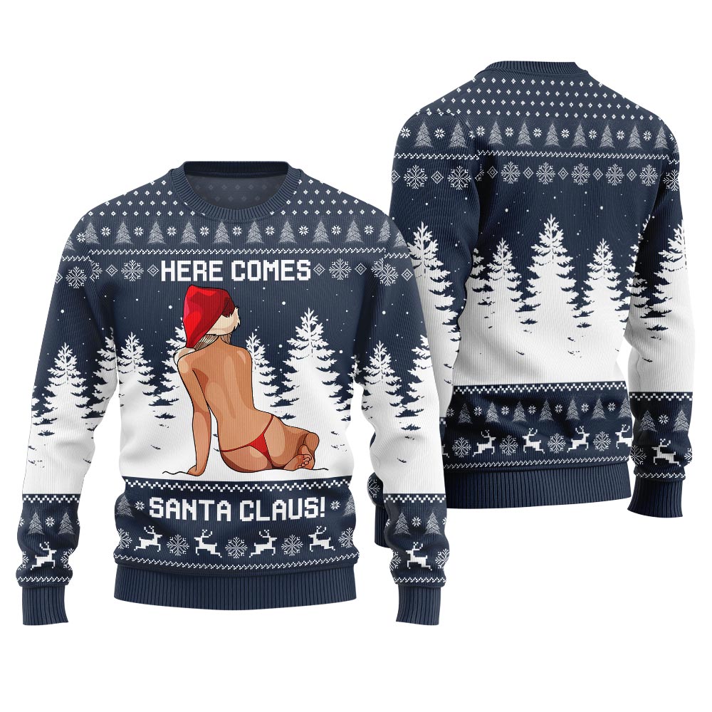 Here Comes Santa Claus Funny Christmas Sweaters For Adults Navy