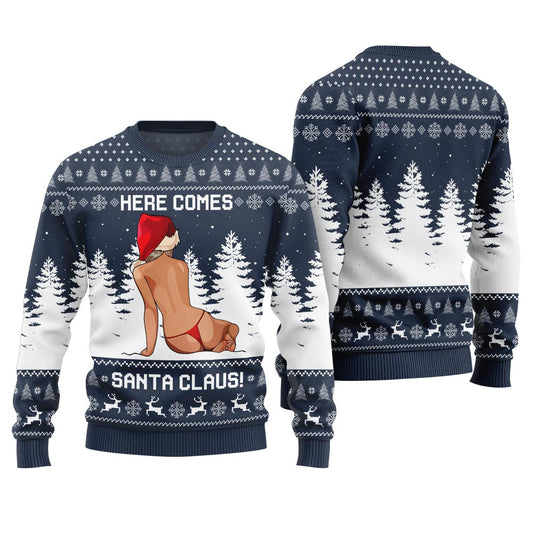 Here Comes Santa Claus Funny Christmas Sweaters For Adults Navy