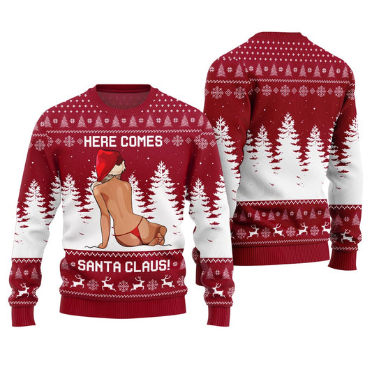 Funny Ugly Christmas Sweater Here Comes Santa Claus Red