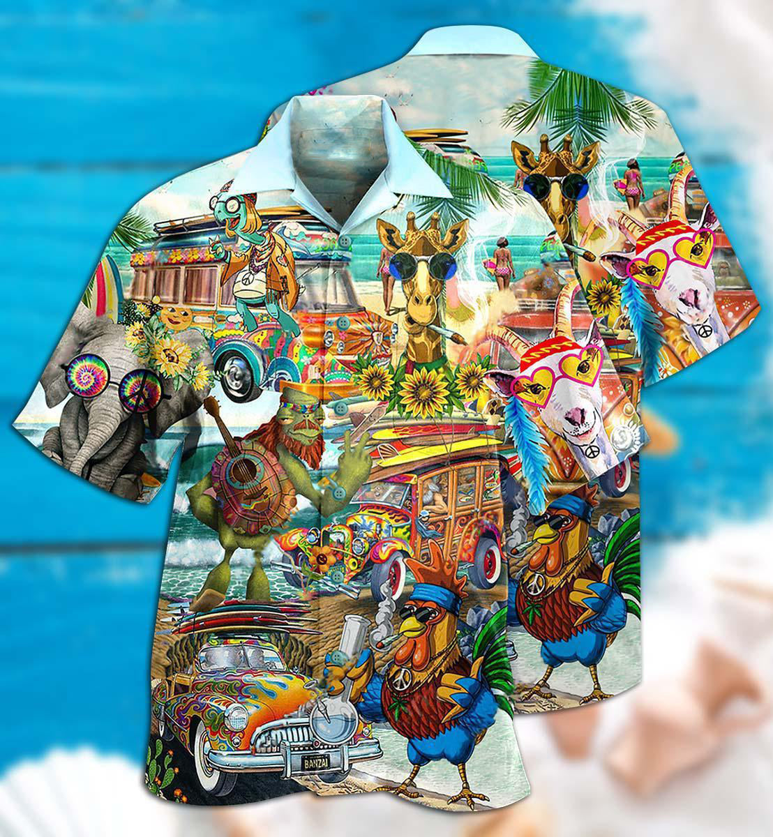 Hippie Funny Animals Happy Together Love Beach - Hawaiian Shirt 