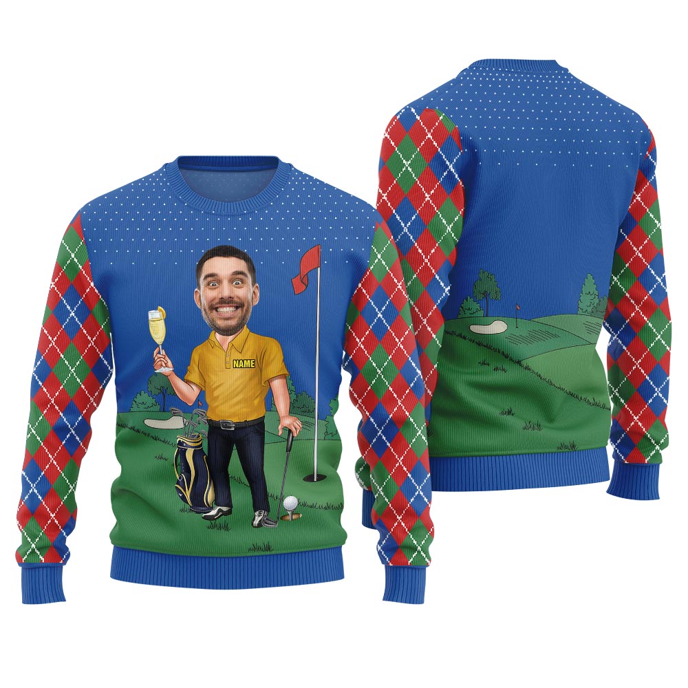 Funny Christmas Sweaters For Adults Custom Face Golf Player Men