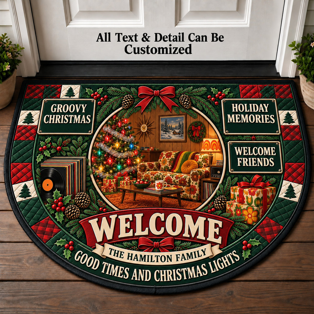 1970s Family Christmas Personalized Half Round Mat | 5To9Vibe