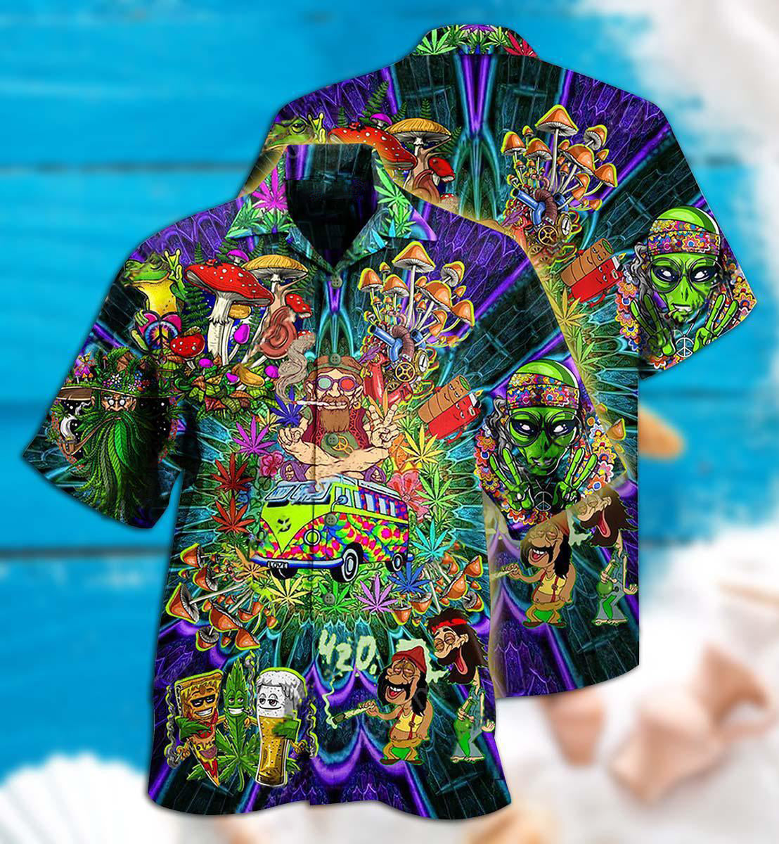 Hippie Mushroom Alien Bus Everything Funny Style - Hawaiian Shirt 