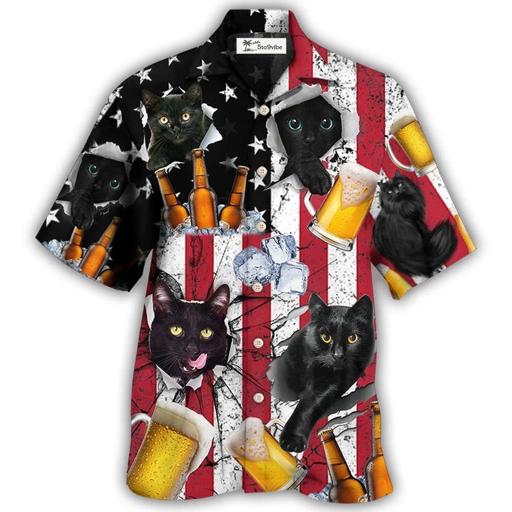 Hawaiian Shirt / Adults / S Beer And Black Cat American Flag Vintage - Hawaiian Shirt 