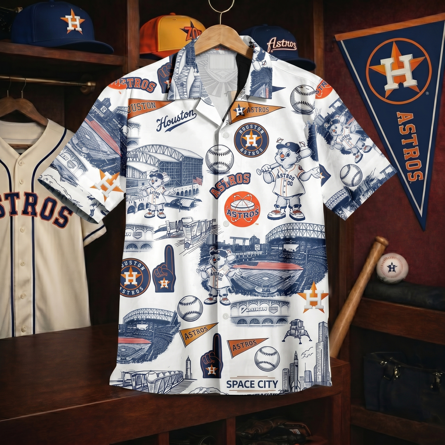 Camisa Hawaiana Unisex Abotonada Edición Legado Vintage con el Eslogan del Estadio de Béisbol HA