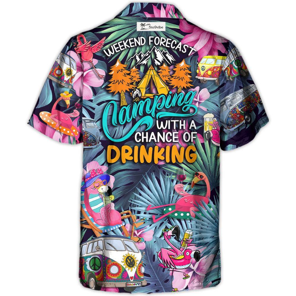 Camisa Hawaiana Unisex para Hombres y Mujeres - Camping Divertido Flamenco Pronóstico del Fin de Semana Acampada Con Posibilidad de Beber
