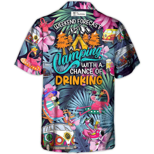 Camisa Hawaiana Unisex para Hombres y Mujeres - Camping Divertido Flamenco Pronóstico del Fin de Semana Acampada Con Posibilidad de Beber