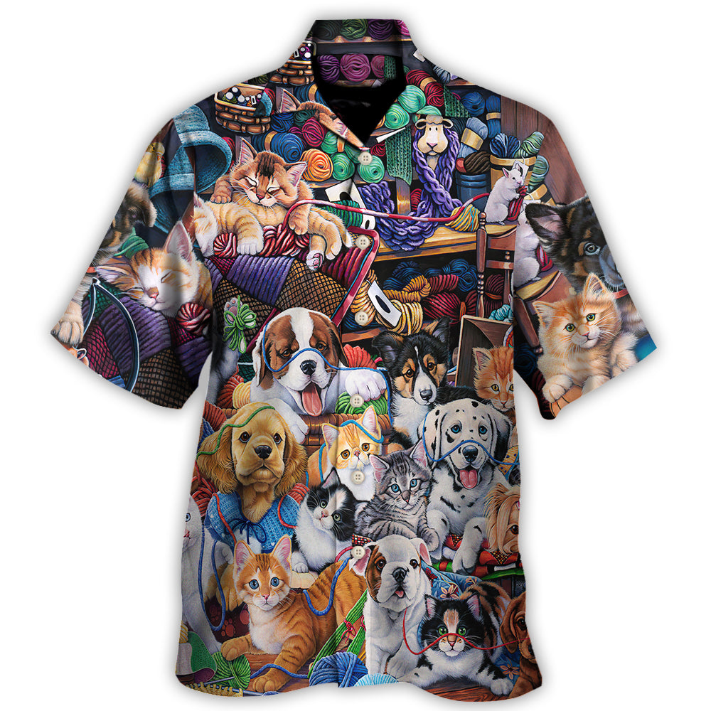 Hawaiian Shirt / Adults / S Dog And Cat Play Yarn Together - Hawaiian Shirt 