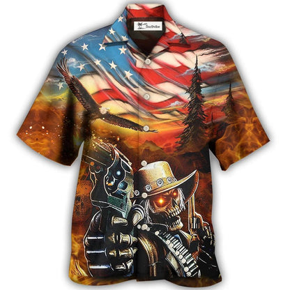 Hawaiian Shirt / Adults / S Skull Cowboy Shot Gun American Flag Vintage - Hawaiian Shirt 
