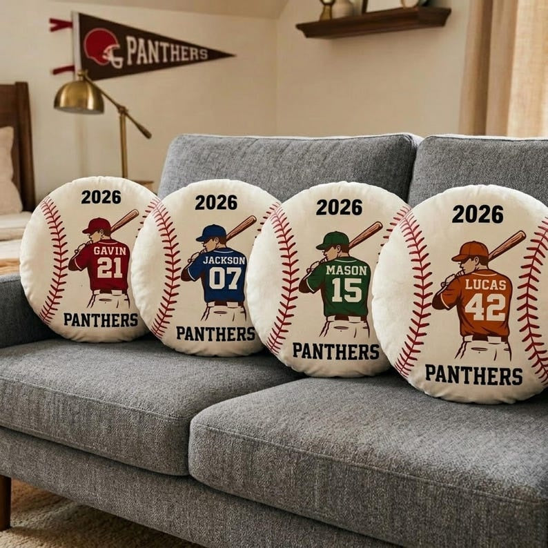 Personalized Baseball Pillow Custom Name Number Team Gift, Kids Sports Room Decor Cushion, Baseball Fan Gift, Custom Pillow