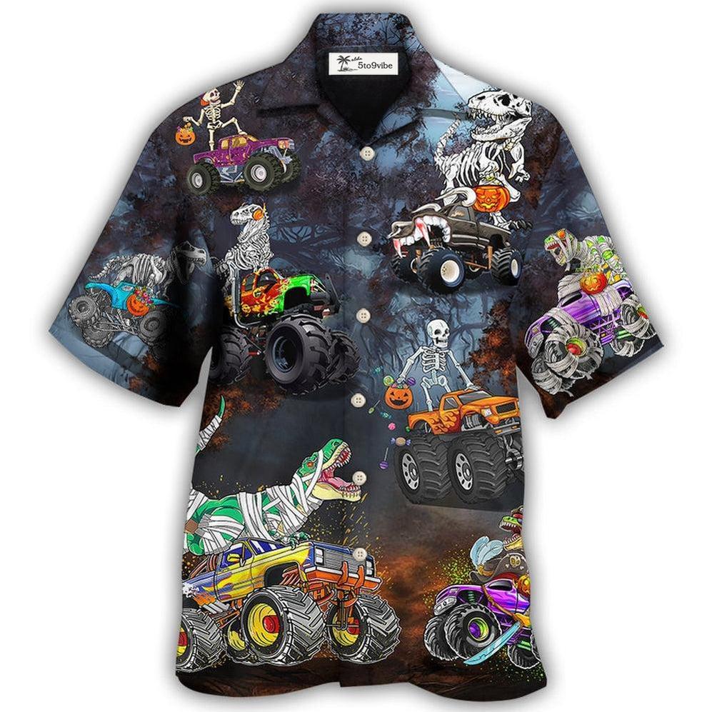 Hawaiian Shirt / Adults / S Halloween Skeleton Dinosaur Driving Monster Truck - Hawaiian Shirt 
