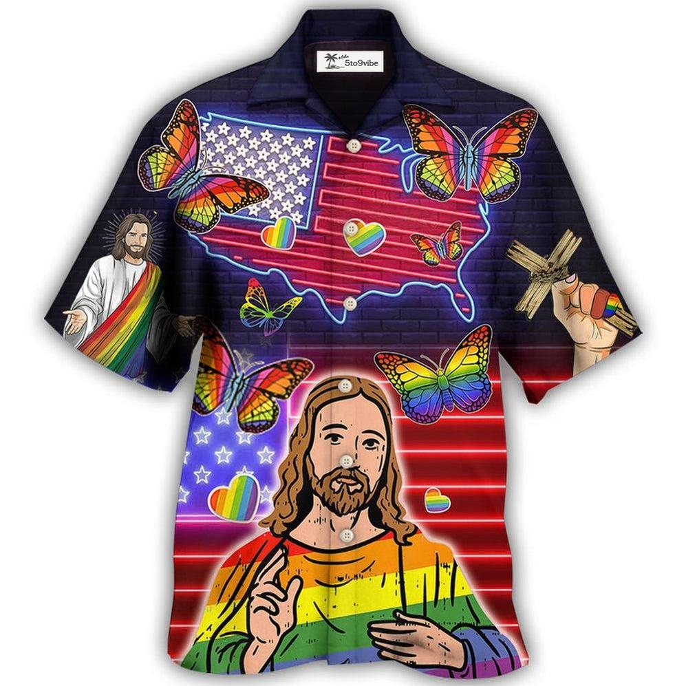 Hawaiian Shirt / Adults / S LGBT Independence Day Jesus Butterfly Neon - Hawaiian Shirt 