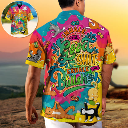 Yoga Cat Funny Inhale The Good Sh!t Exhale The Bullsh!t - Hawaiian Shirt