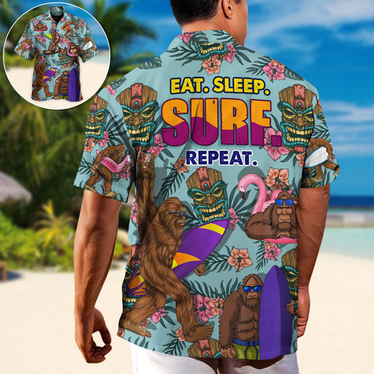 Surfing Funny Bigfoot Eat Sleep Surf Repeat Lovers Surfing - Hawaiian Shirt