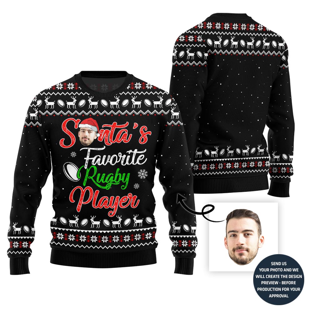 Rugby Player Custom Face Ugly Christmas Sweater