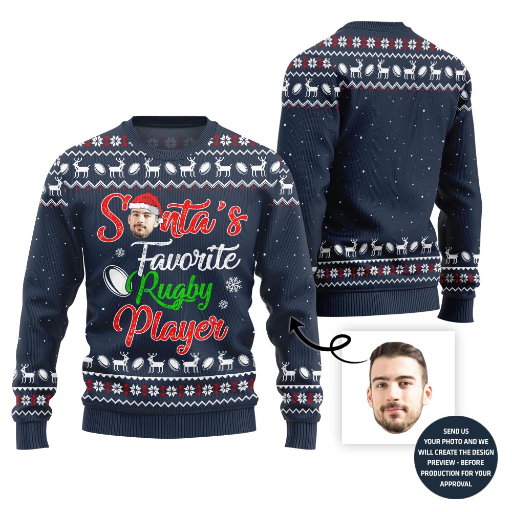 Rugby Player Custom Face Ugly Christmas Sweater