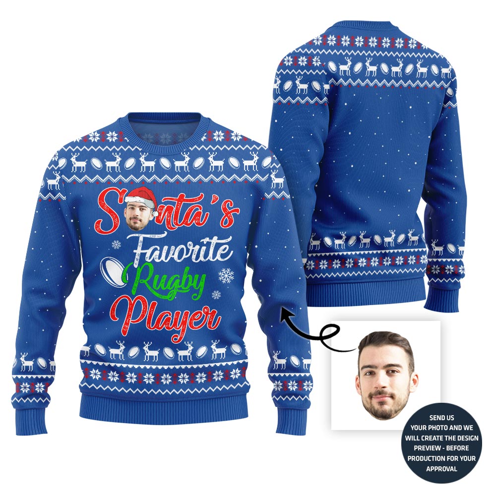 Rugby Player Custom Face Ugly Christmas Sweater
