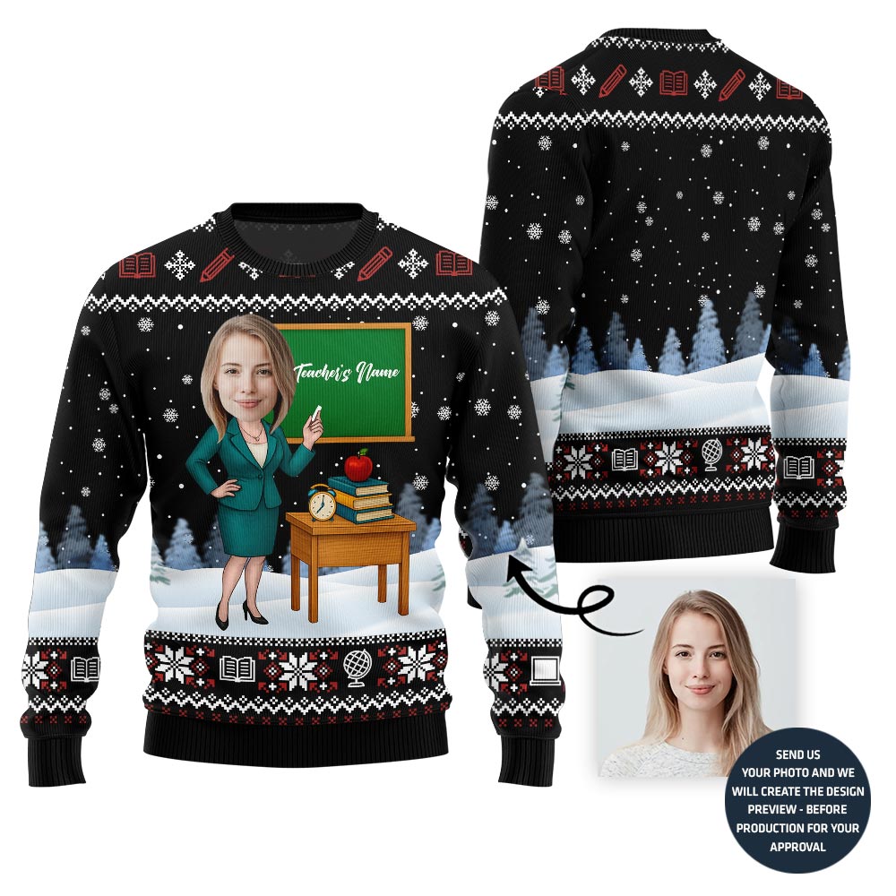 Female Teacher Custom Name And Face Christmas Sweater