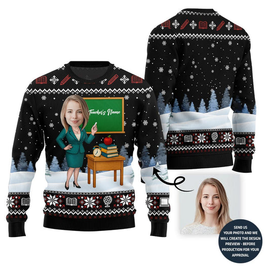 Female Teacher Custom Name And Face Christmas Sweater
