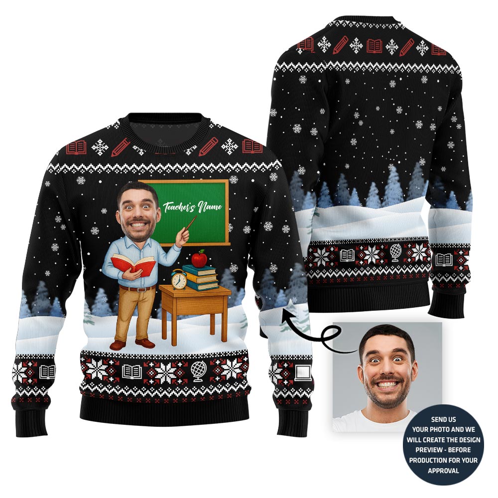 Male Teacher Custom Name And Face Christmas Sweater