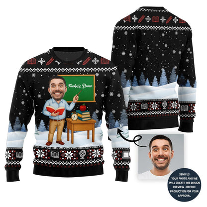 Male Teacher Custom Name And Face Christmas Sweater