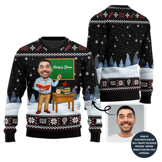 Male Teacher Custom Name And Face Christmas Sweater