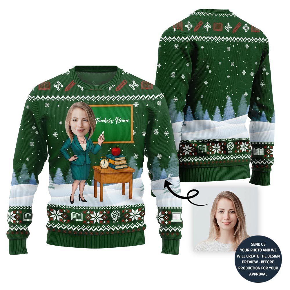 Female Teacher Custom Name And Face Christmas Sweater