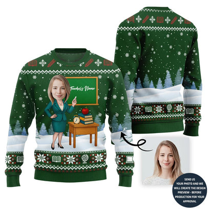 Female Teacher Custom Name And Face Christmas Sweater