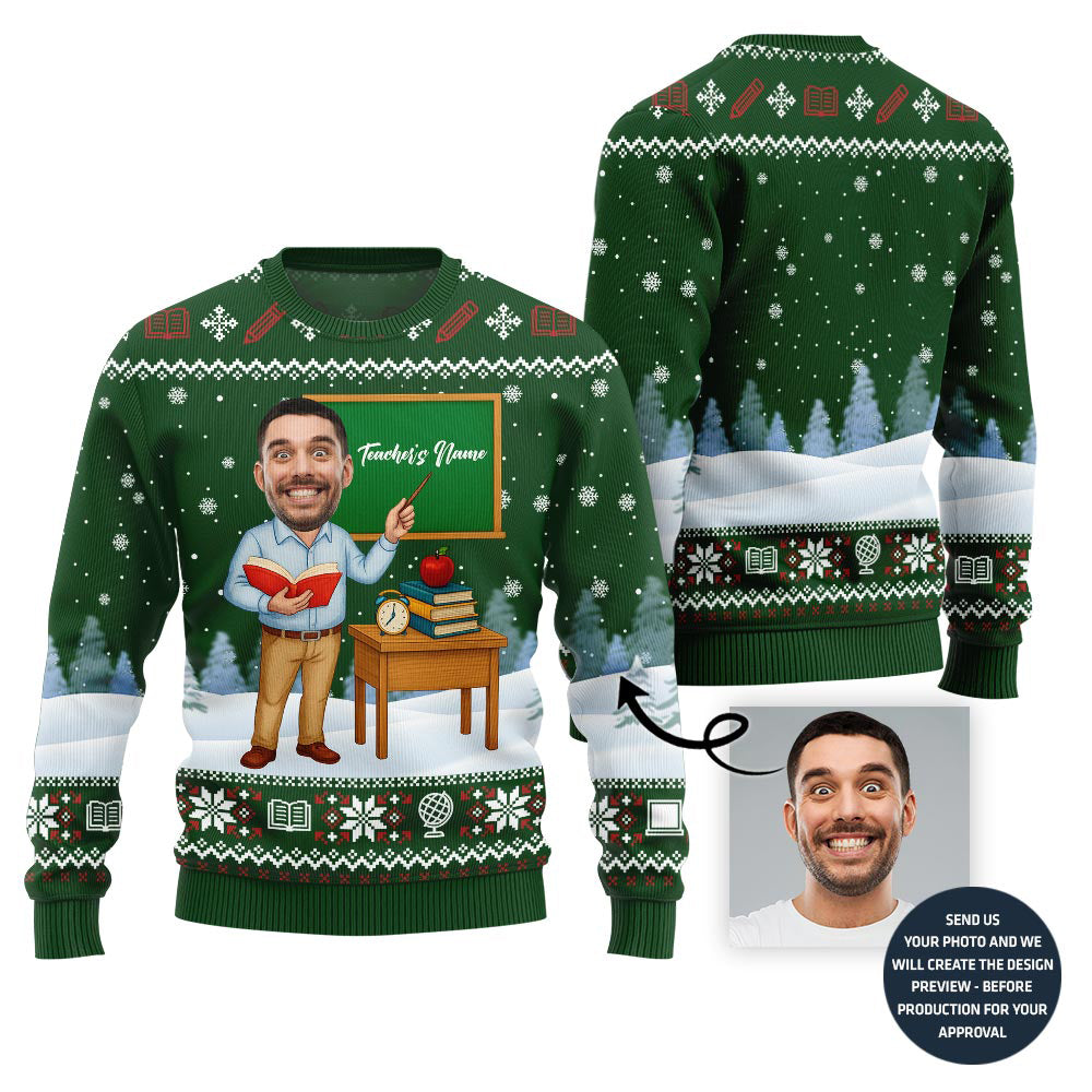 Male Teacher Custom Name And Face Christmas Sweater