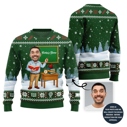 Male Teacher Custom Name And Face Christmas Sweater