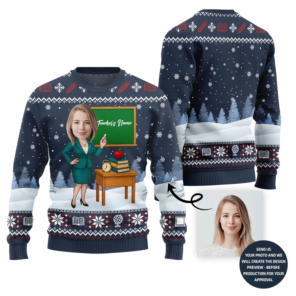 Female Teacher Custom Name And Face Christmas Sweater