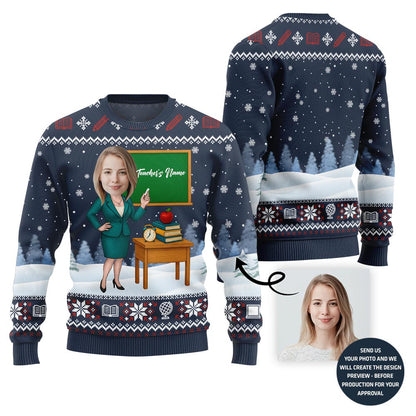 Female Teacher Custom Name And Face Christmas Sweater