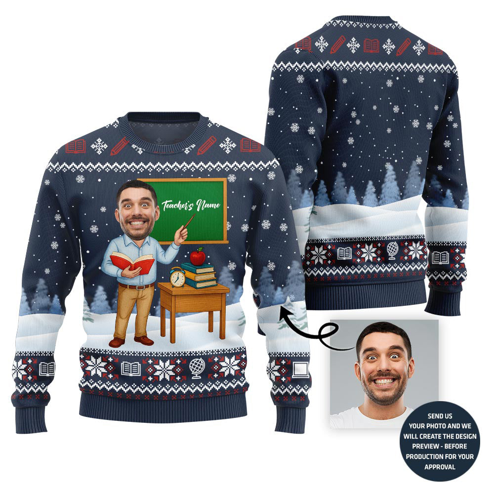 Male Teacher Custom Name And Face Christmas Sweater