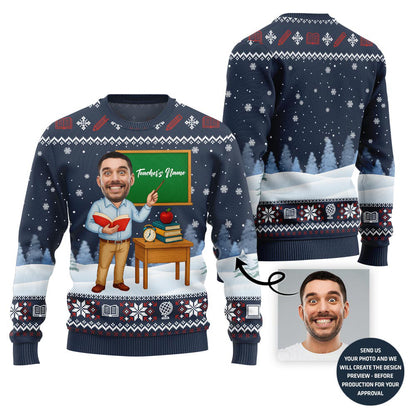 Male Teacher Custom Name And Face Christmas Sweater