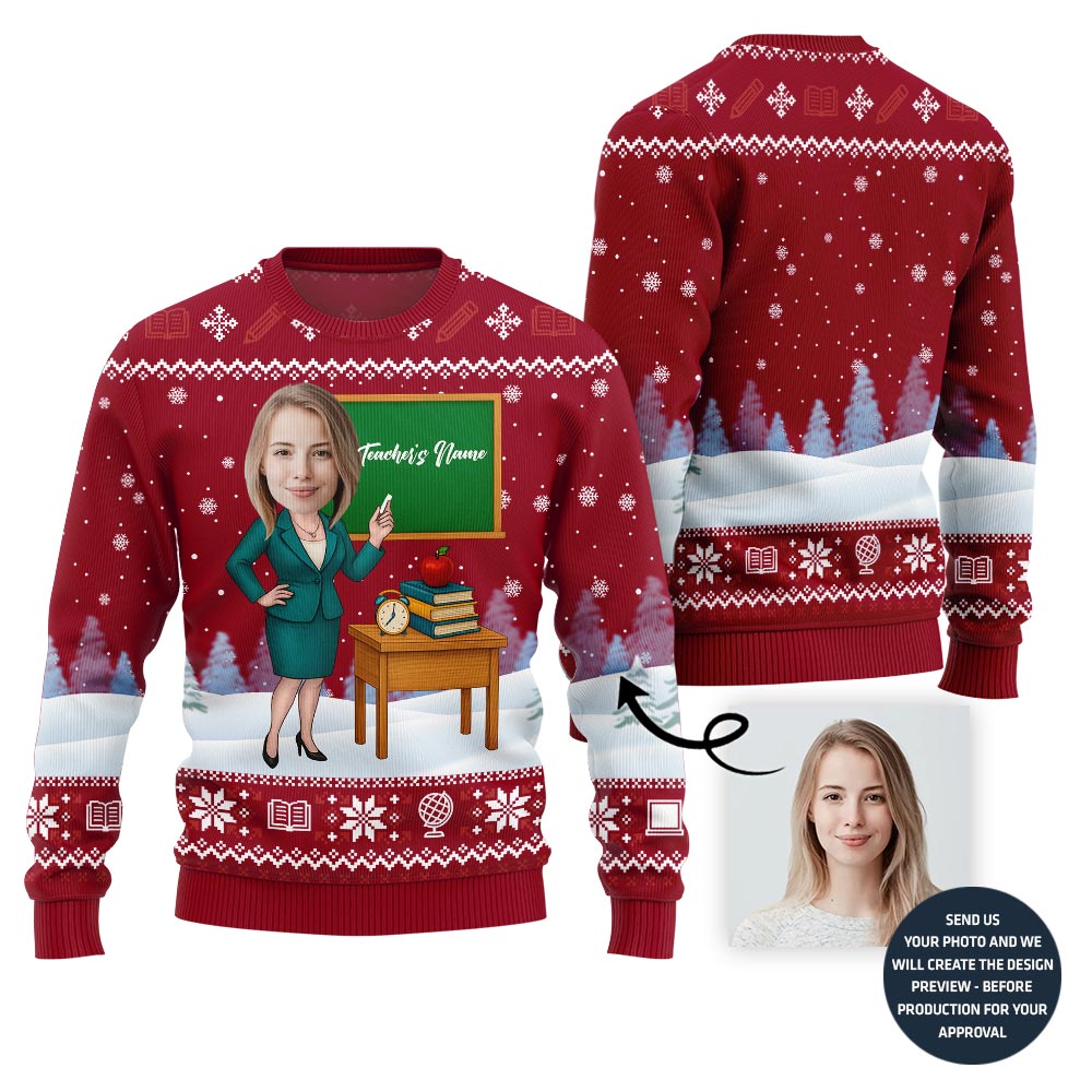 Female Teacher Custom Name And Face Christmas Sweater