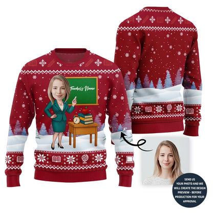 Female Teacher Custom Name And Face Christmas Sweater