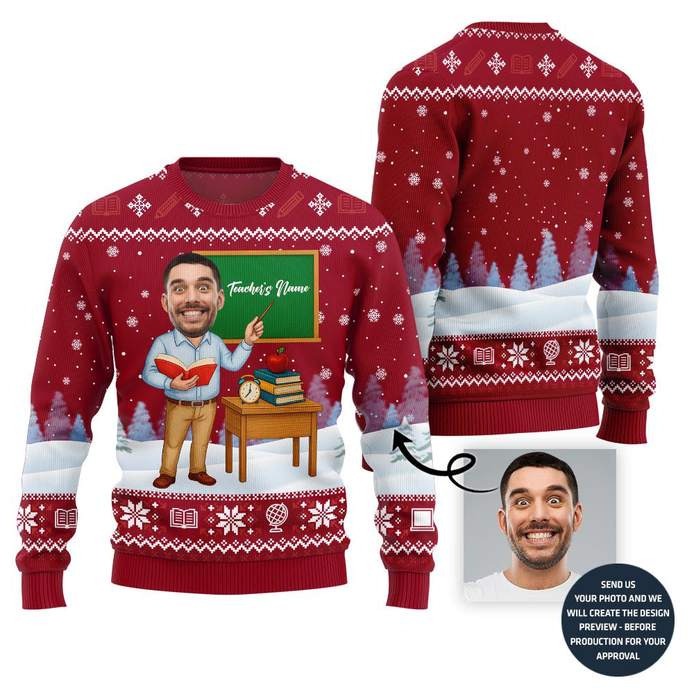 Male Teacher Custom Name And Face Christmas Sweater