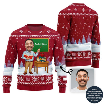 Male Teacher Custom Name And Face Christmas Sweater