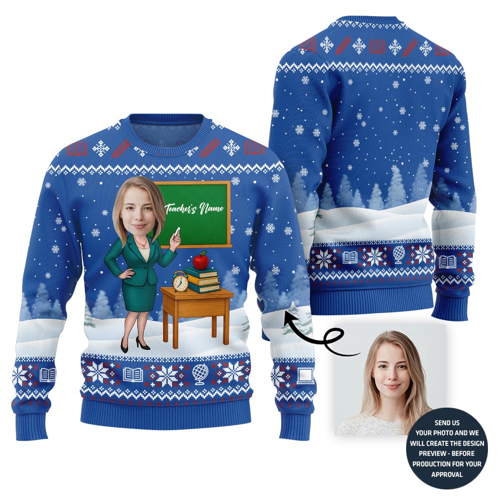 Female Teacher Custom Name And Face Christmas Sweater