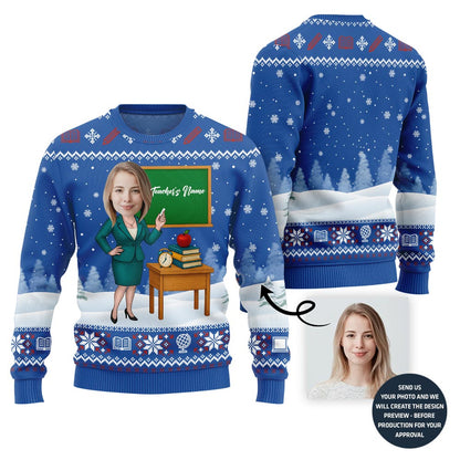Female Teacher Custom Name And Face Christmas Sweater