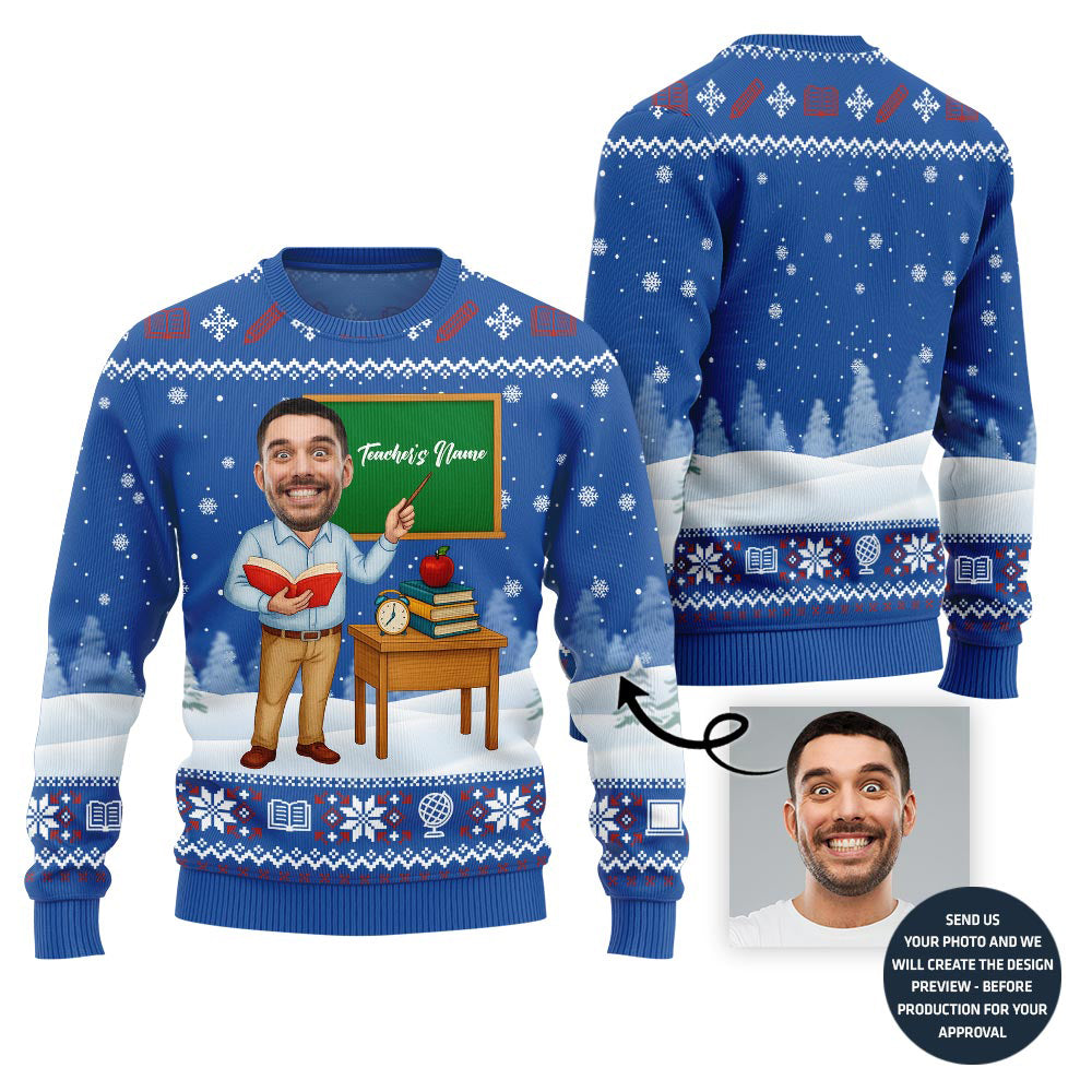 Male Teacher Custom Name And Face Christmas Sweater