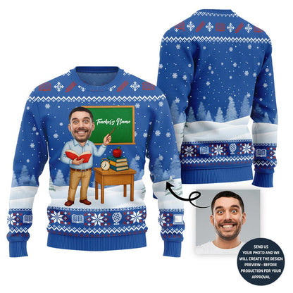 Male Teacher Custom Name And Face Christmas Sweater