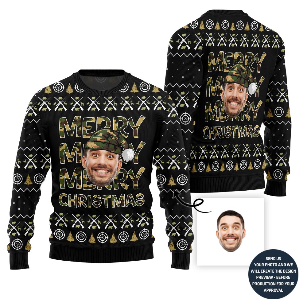 Merry Christmas Custom Face Hunting Pattern Sweater