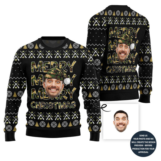 Merry Christmas Custom Face Hunting Pattern Sweater