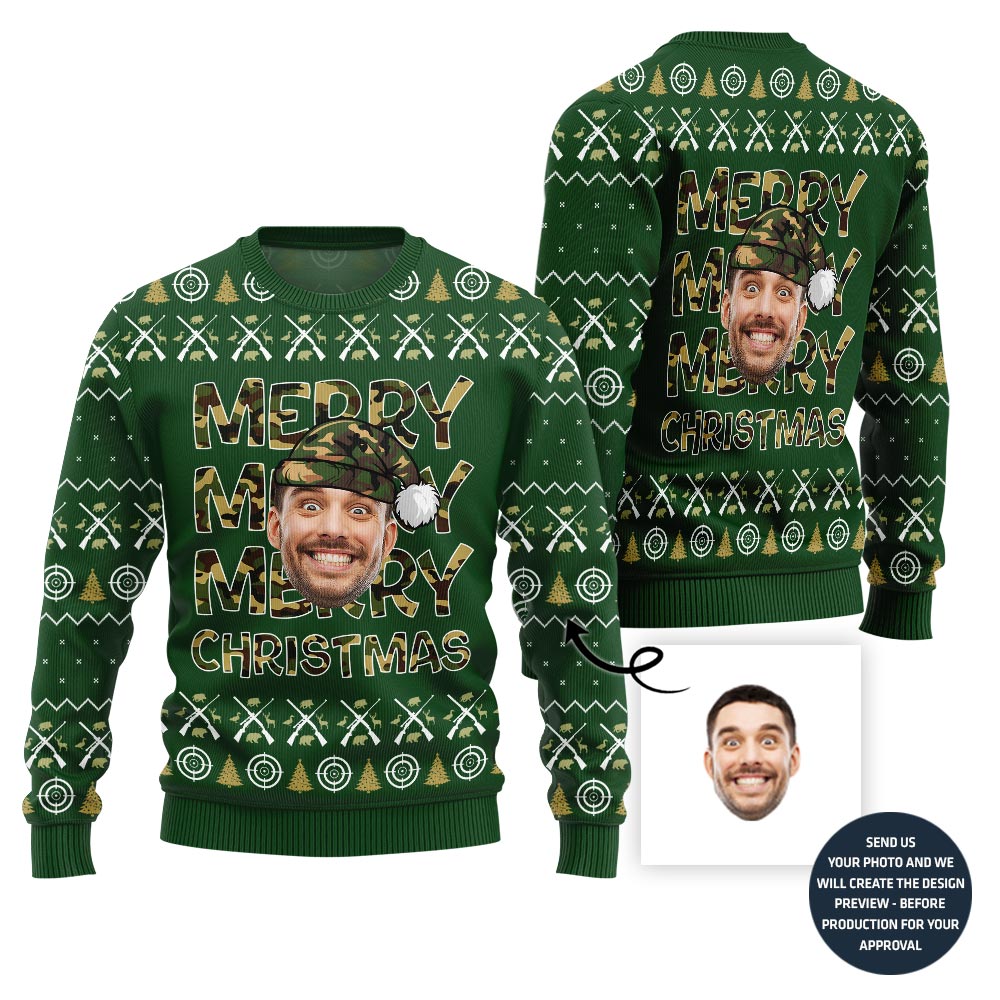Merry Christmas Custom Face Hunting Pattern Sweater