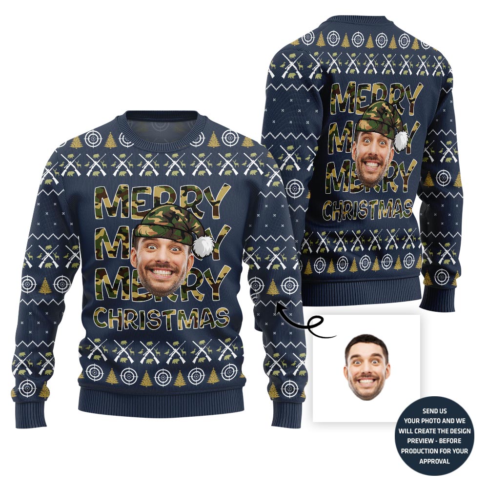 Merry Christmas Custom Face Hunting Pattern Sweater